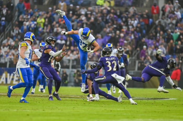 Dec 10, 2023; Baltimore, Maryland, USA; Los Angeles Rams tight end Davis Allen (87) leaps after a first half catch during the first half against the Baltimore Ravens at M&T Bank Stadium. Mandatory Credit: Tommy Gilligan-USA TODAY Sports